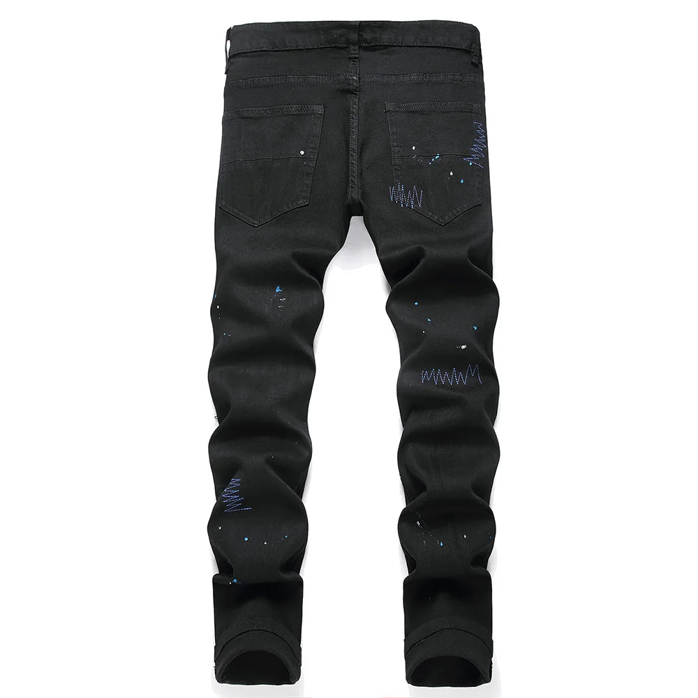 Men’s Black Crystal Cross Ripped Slim Fit Stretch Denim Jeans – Embroidered Distressed Tapered Pants