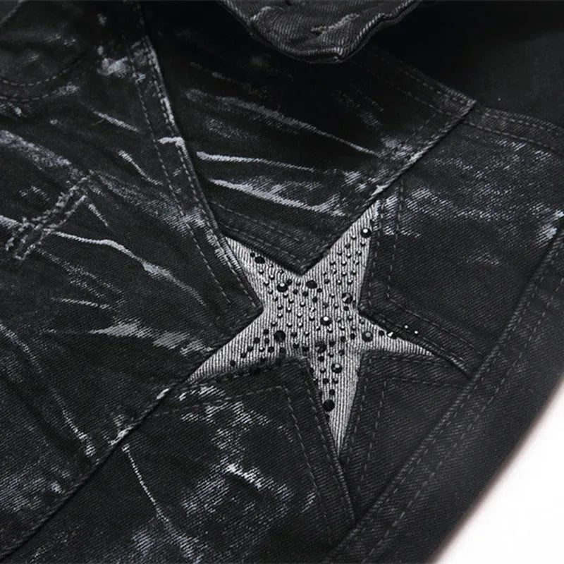 Men’s Black Rhinestone Star Patch Slim Straight Jeans – Fashion Stretch Denim Pants
