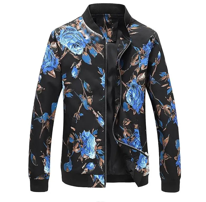 Men’s Floral Print Baseball Collar Jacket – Long Sleeve Casual Streetwear Zip Up Coat