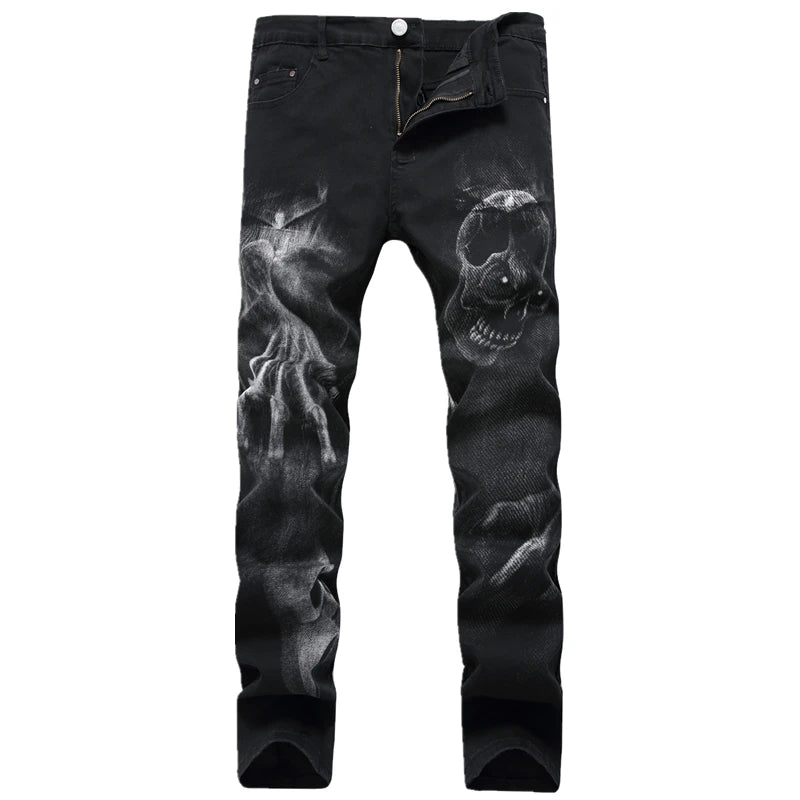 Men’s Blue Straight Fit Jeans with Black Wolf 3D Graphic Print – Casual Cotton Denim Pants