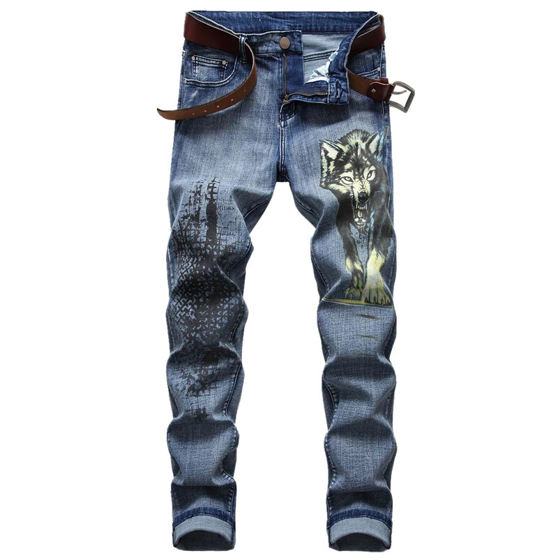 Men’s Blue Straight Fit Jeans with Black Wolf 3D Graphic Print – Casual Cotton Denim Pants