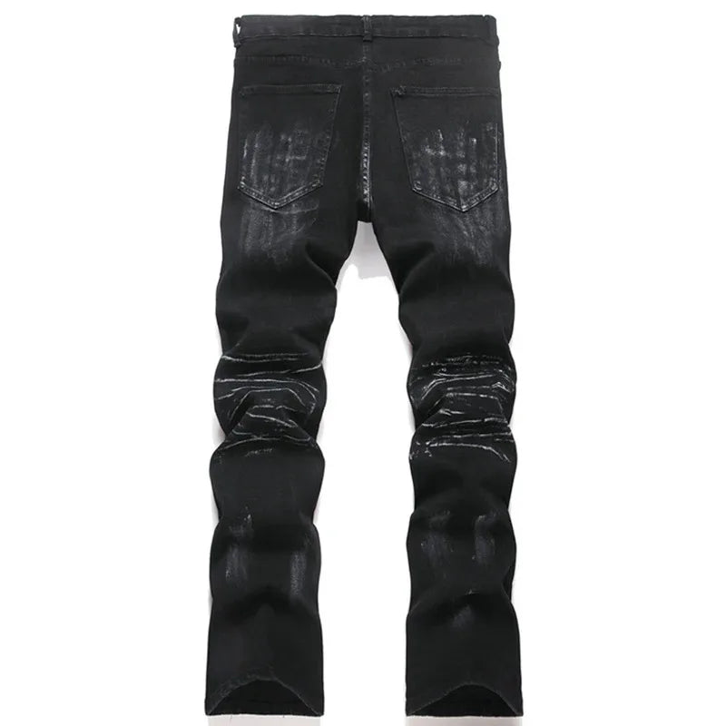 Men’s Black Rhinestone Star Patch Slim Straight Jeans – Fashion Stretch Denim Pants