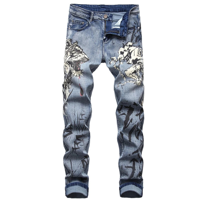 Men’s Blue Straight Fit Jeans with Black Wolf 3D Graphic Print – Casual Cotton Denim Pants