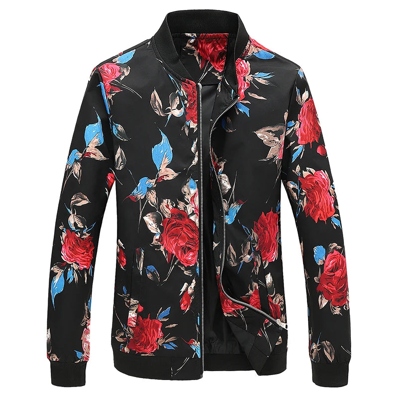 Men’s Floral Print Baseball Collar Jacket – Long Sleeve Casual Streetwear Zip Up Coat