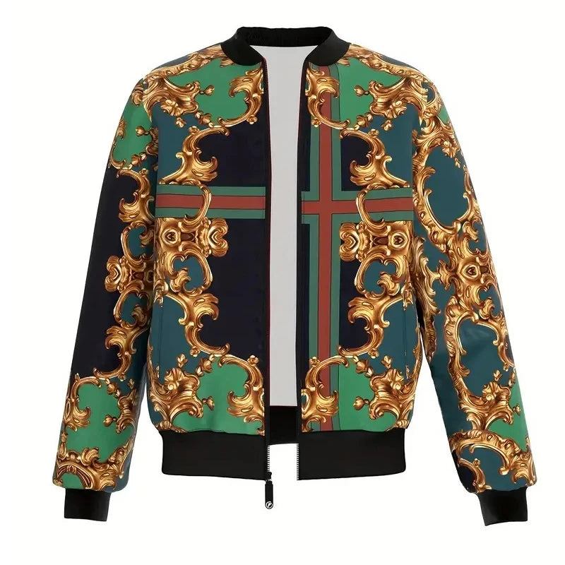 Men’s Baroque Gold Print Bomber Jacket – Unisex 3D Graphic Floral Zip Up Streetwear Coat