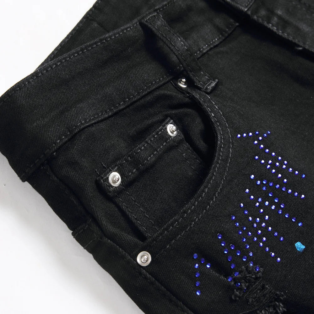 Men’s Black Crystal Cross Ripped Slim Fit Stretch Denim Jeans – Embroidered Distressed Tapered Pants