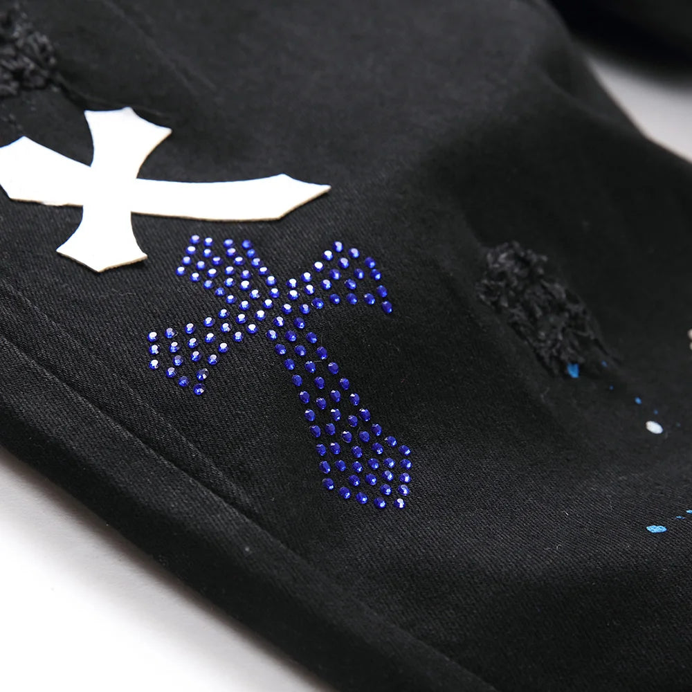 Men’s Black Crystal Cross Ripped Slim Fit Stretch Denim Jeans – Embroidered Distressed Tapered Pants