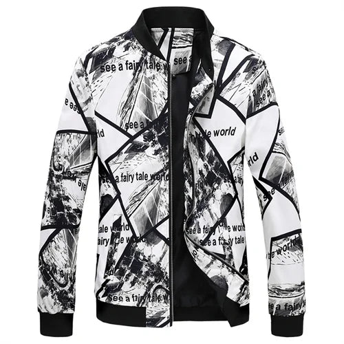 Men’s Floral Print Baseball Collar Jacket – Long Sleeve Casual Streetwear Zip Up Coat