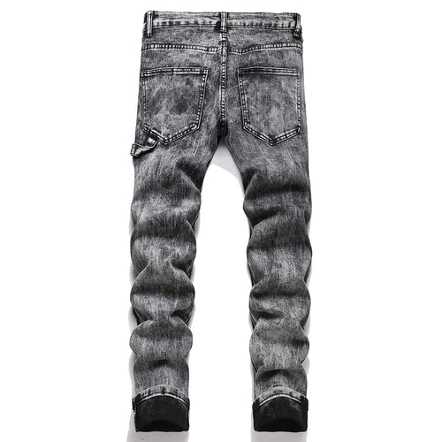Men Crystal Patch Denim Jeans Streetwear Slim Straight Pants Gray Black Stretch Cotton Trousers