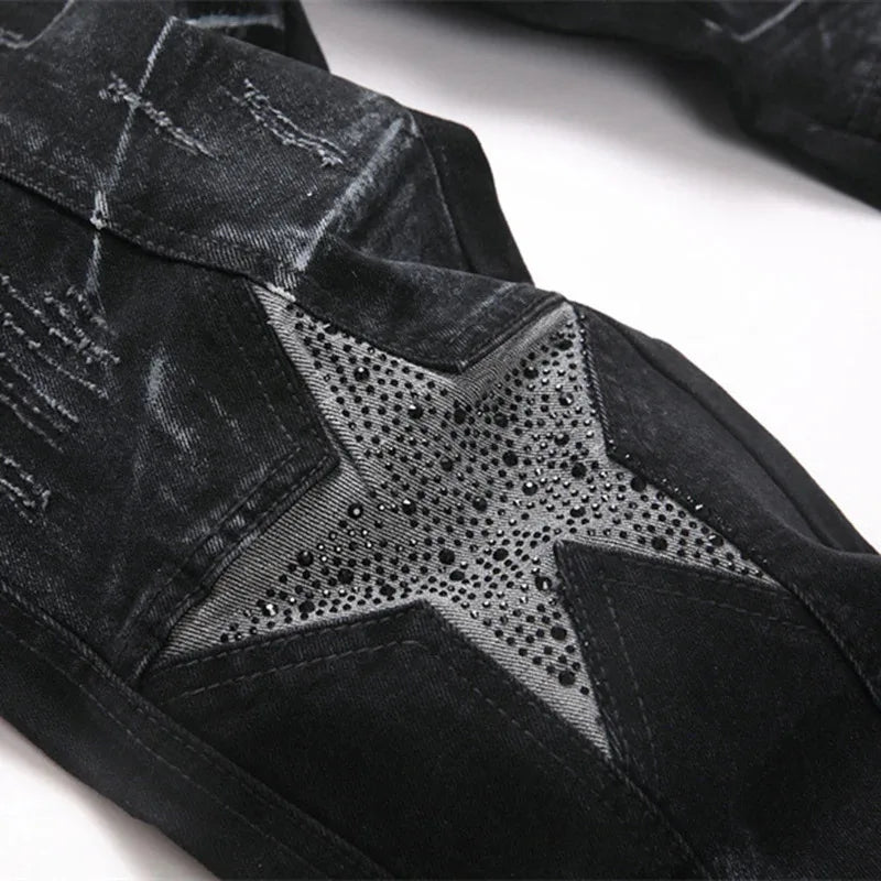 Men’s Black Rhinestone Star Patch Slim Straight Jeans – Fashion Stretch Denim Pants