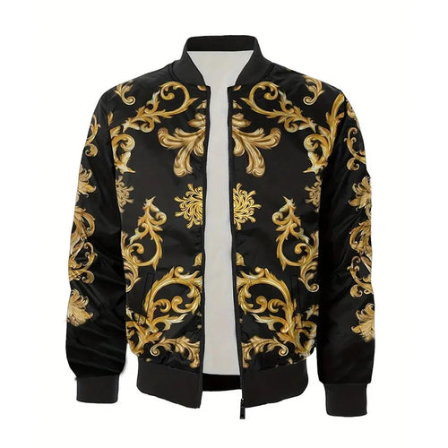 Men’s Baroque Gold Print Bomber Jacket – Unisex 3D Graphic Floral Zip Up Streetwear Coat
