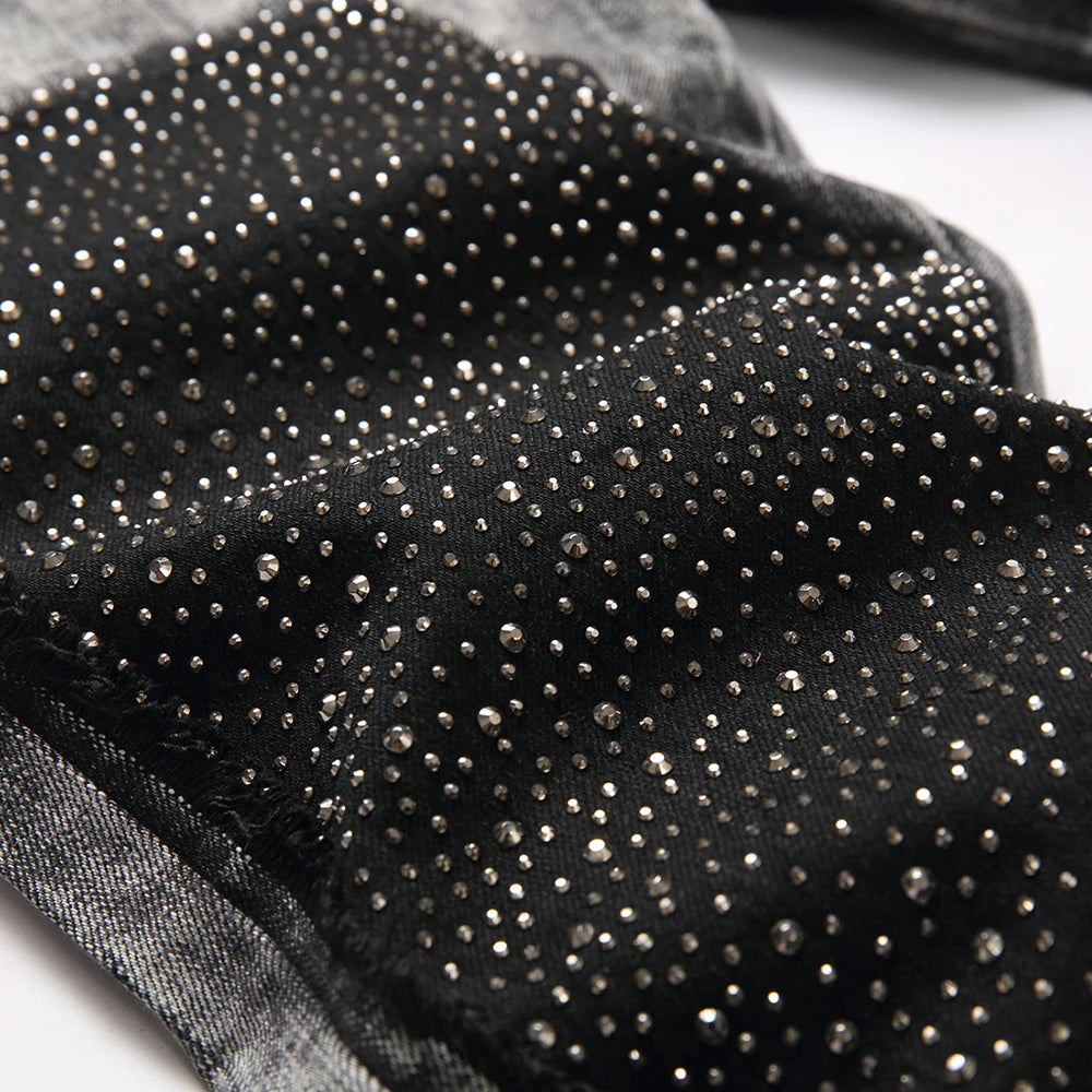 Men Crystal Patch Denim Jeans Streetwear Slim Straight Pants Gray Black Stretch Cotton Trousers