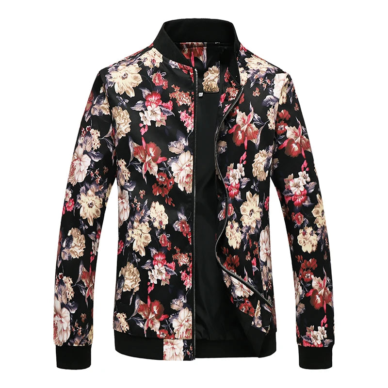 Men’s Floral Print Baseball Collar Jacket – Long Sleeve Casual Streetwear Zip Up Coat