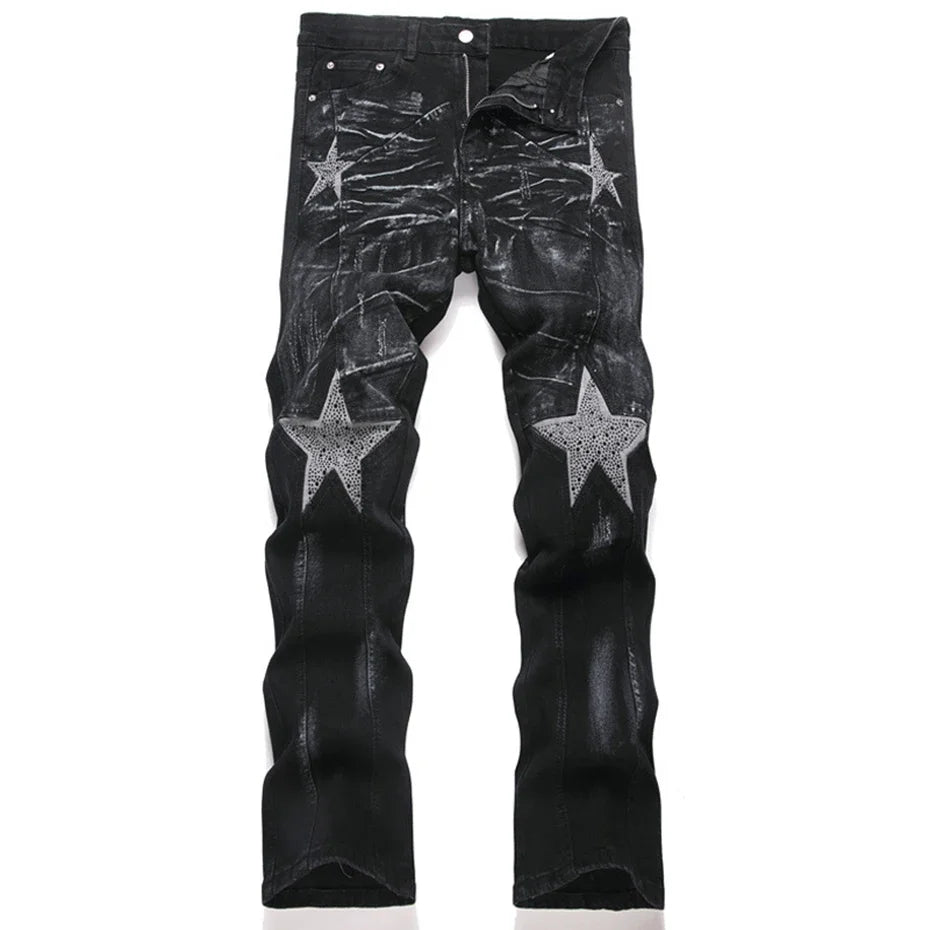 Men’s Black Rhinestone Star Patch Slim Straight Jeans – Fashion Stretch Denim Pants