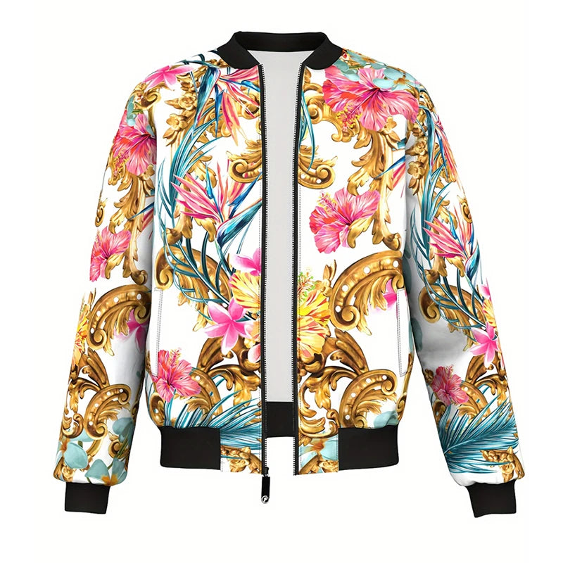 Men’s Baroque Gold Print Bomber Jacket – Unisex 3D Graphic Floral Zip Up Streetwear Coat
