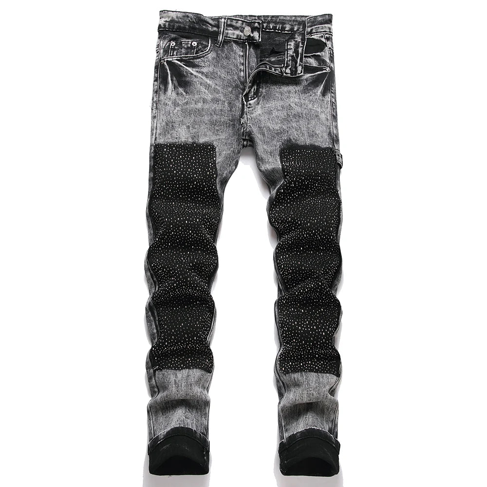 Men Crystal Patch Denim Jeans Streetwear Slim Straight Pants Gray Black Stretch Cotton Trousers