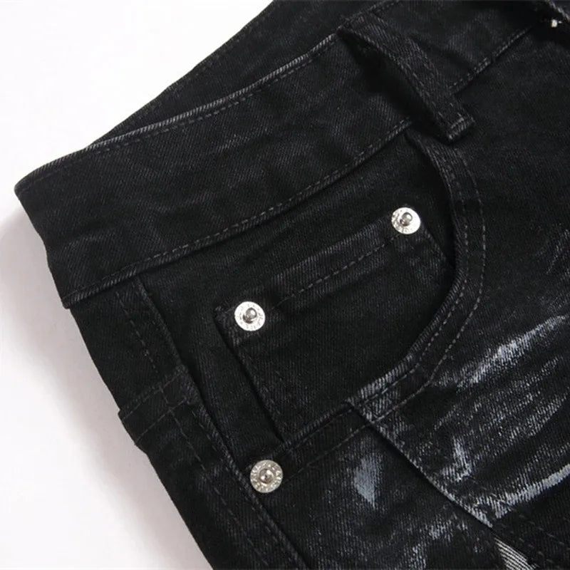 Men’s Black Rhinestone Star Patch Slim Straight Jeans – Fashion Stretch Denim Pants